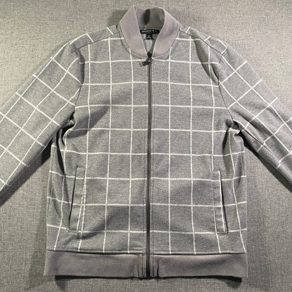 Banana Republic Mens Grey Windowpane Grid Fleece Bomber Jacket Size M Full Zip